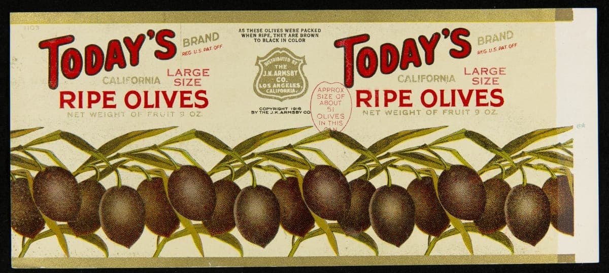 Can Label, "Today's Brand Large Ripe Olives," 1916