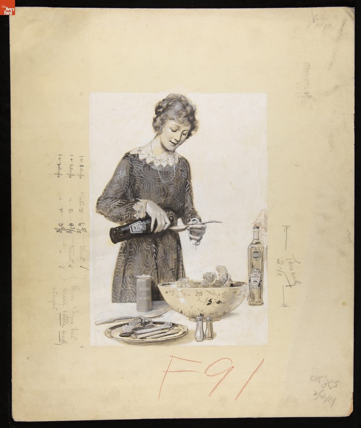 Advertising Layout Illustration of a Woman Using Heinz Olive Oil and Vinegar, 1919