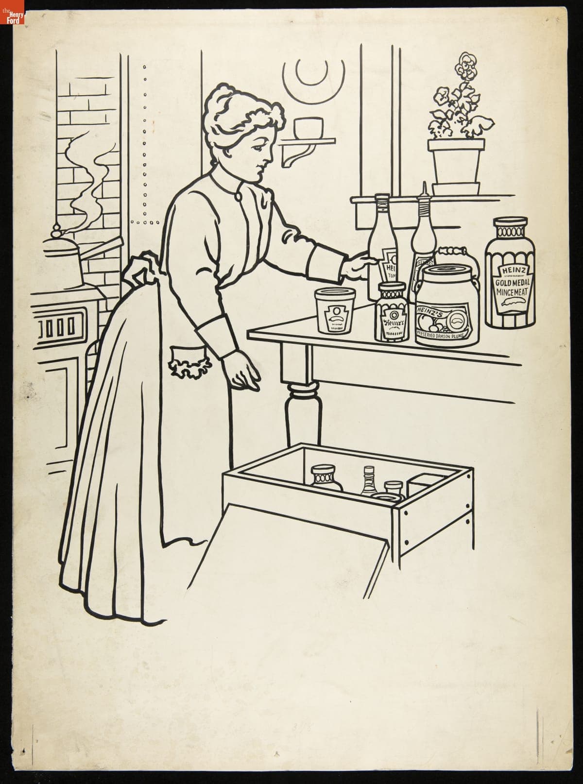 Outline Drawing of Woman in a Kitchen with Various Heinz Products, 1920-1930