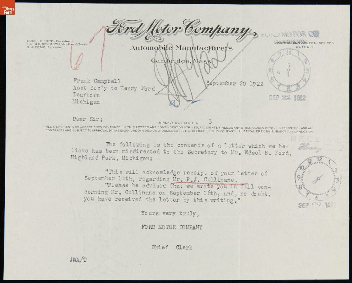 Memorandum to Frank Campsall regarding P.J. Culhane and His Monkey Bar Diorama, September 20, 1922