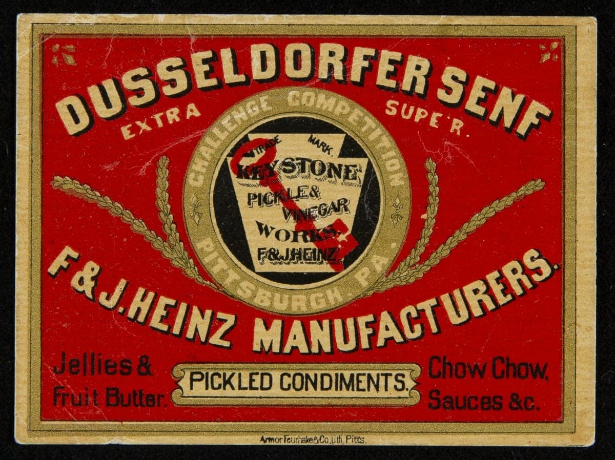 Label, "F. & J. Heinz Brand Pickled Condiments," 1876-1881 "Dusseldorfer Senf" (Musterd)
