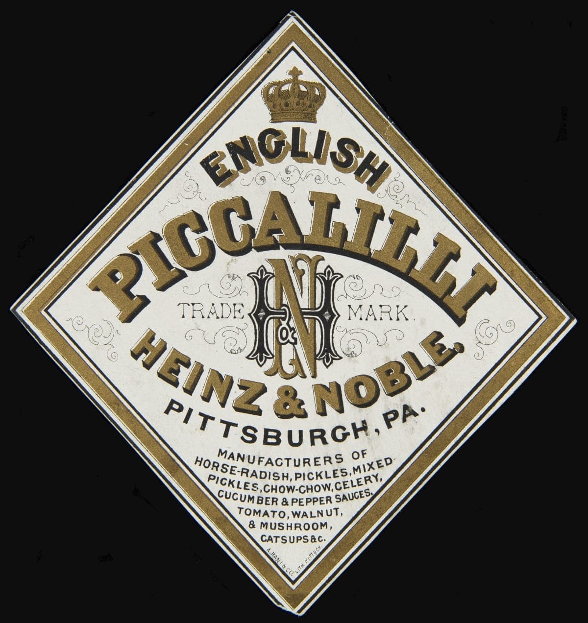 Label, "Heinz & Noble Brand English Piccalilli," circa 1872