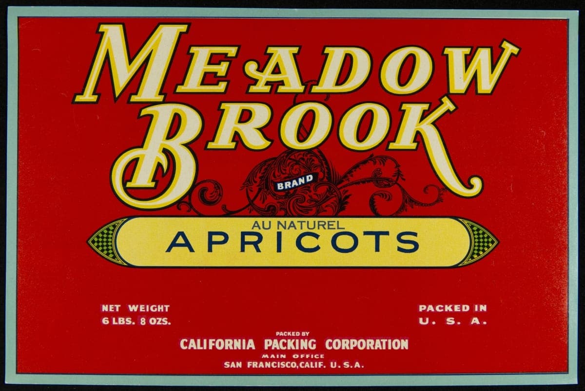 Crate Label, "Meadow Brook Brand Apricots," 1920-1930
