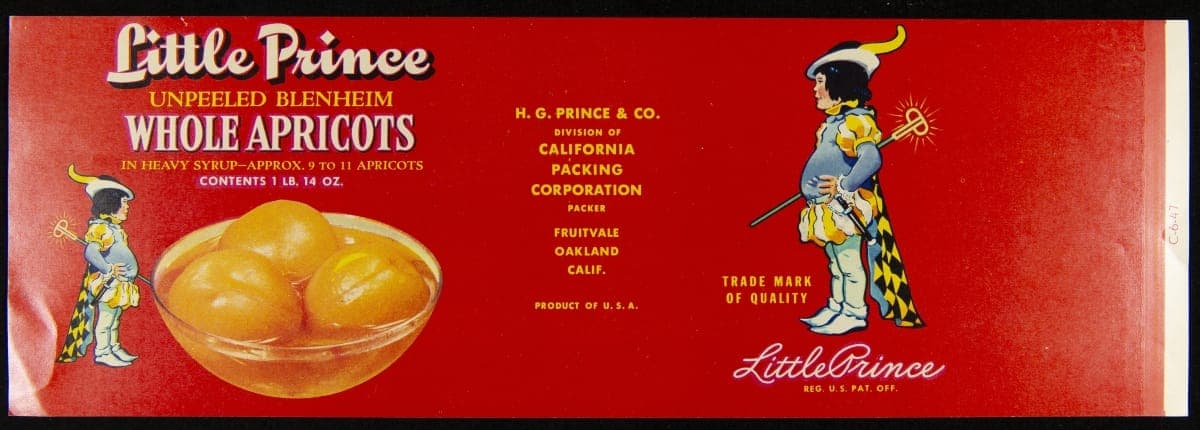 Can Label, "Little Prince Brand Unpeeled Blenheim Whole Apricots," 1913-1940