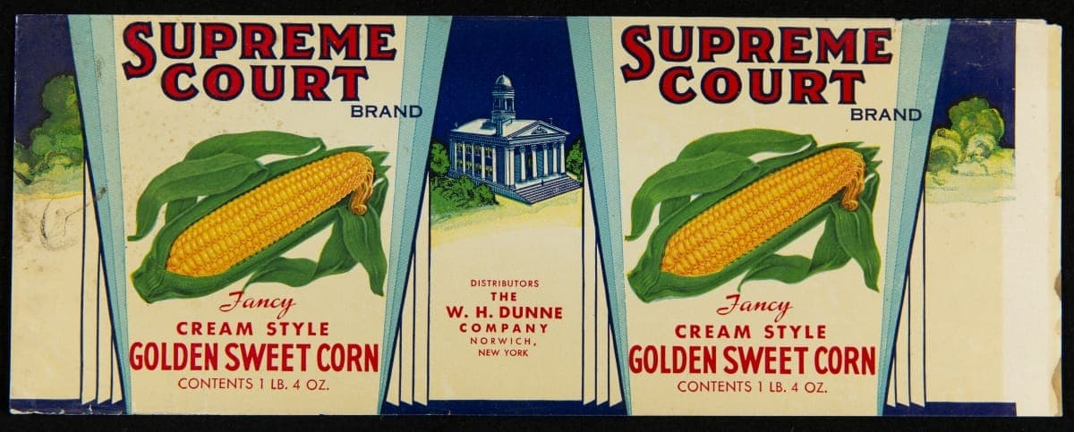 Can Label, "Supreme Court Brand Cream Style Golden Sweet Corn," 1899-1928
