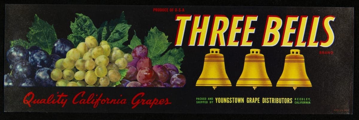 Crate Label, "Three Bells Brand Grapes," 1906-1966