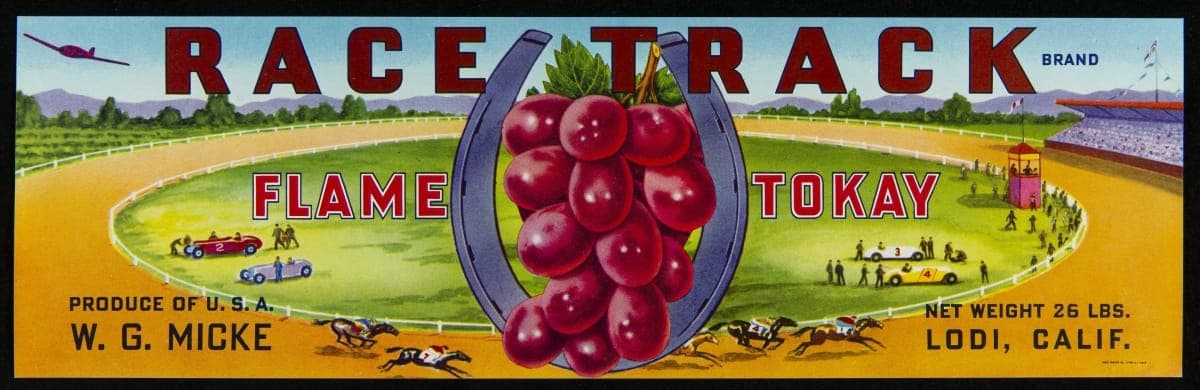 Crate Label, "Race Track Brand Flame Tokay Grapes," 1930-1940