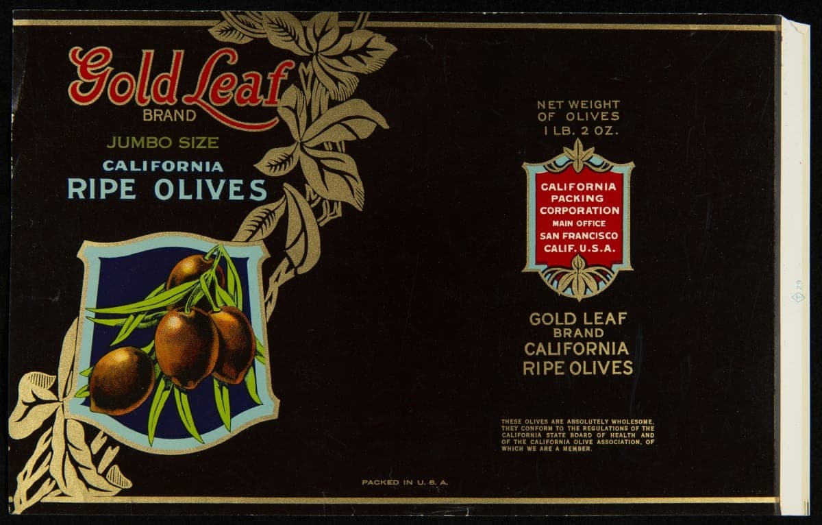 Can Label, "Gold Leaf Brand Jumbo Size California Ripe Olives," circa 1920