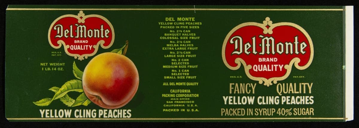 Can Label, "Del Monte Yellow Cling Peaches," circa 1916