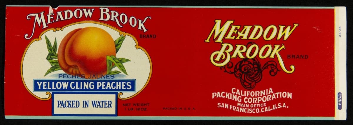 Can Label, "Meadow Brook Brand Yellow Cling Peaches," circa 1920