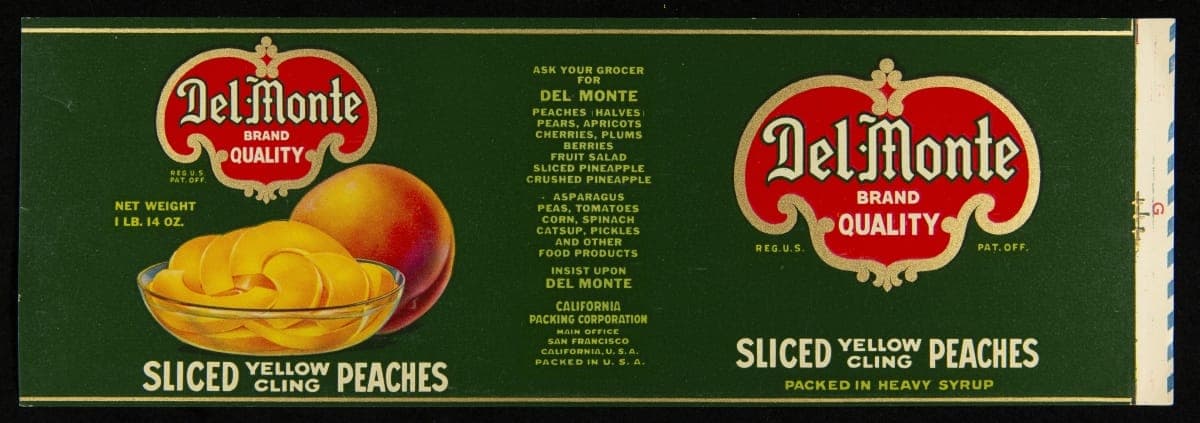 Can Label, "Del Monte Sliced Yellow Cling Peaches," 1920-1935
