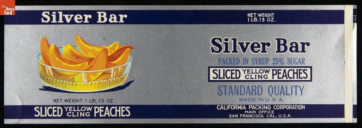 Can Label, "Silver Bar Brand Sliced Yellow Cling Peaches," circa 1920