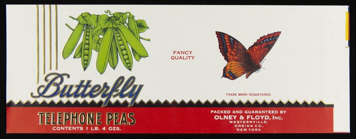 Can Label, "Butterfly Brand Telephone Peas," circa 1950