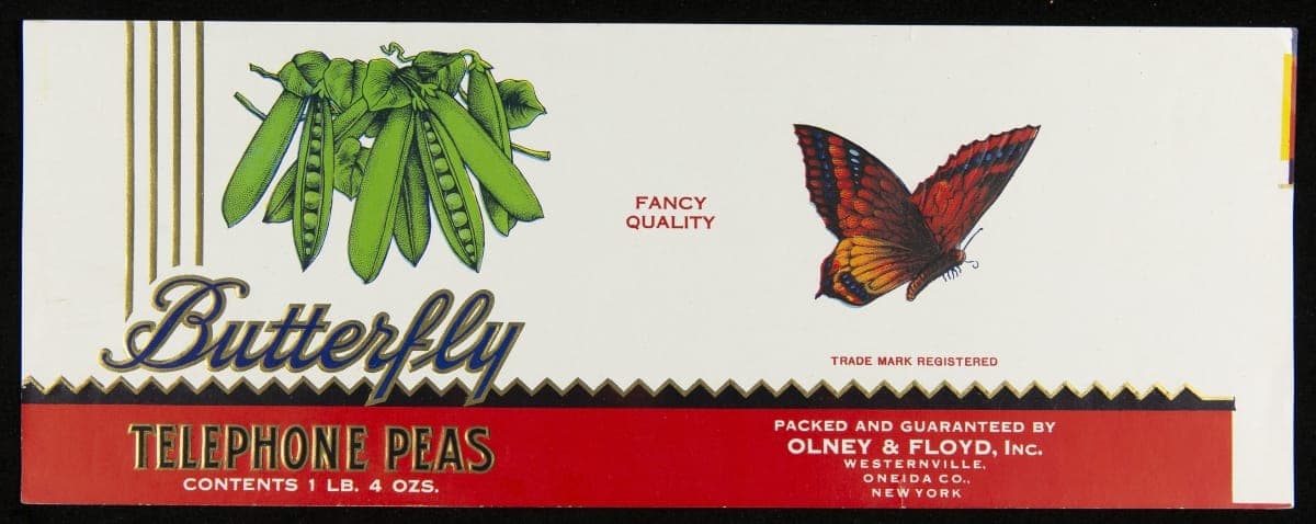 Can Label, "Butterfly Brand Telephone Peas," circa 1950