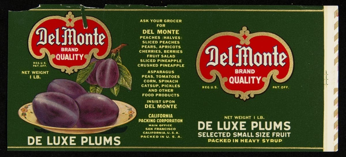 Can Label, "Del Monte Brand De Luxe Plums," circa 1930