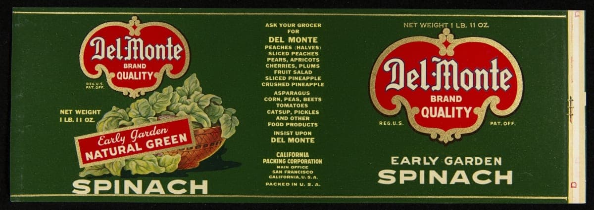 Can Label, "Del Monte Brand Natural Green Spinach," 1920-1940