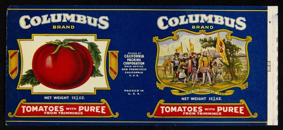 Can Label, "Columbus Brand Tomatoes with Puree," circa 1930