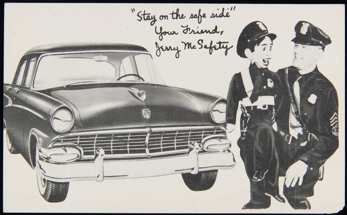 Ford Dealer Postcard Featuring "Jerry McSafety" and Ventriloquist Wayne Fernelius, 1956