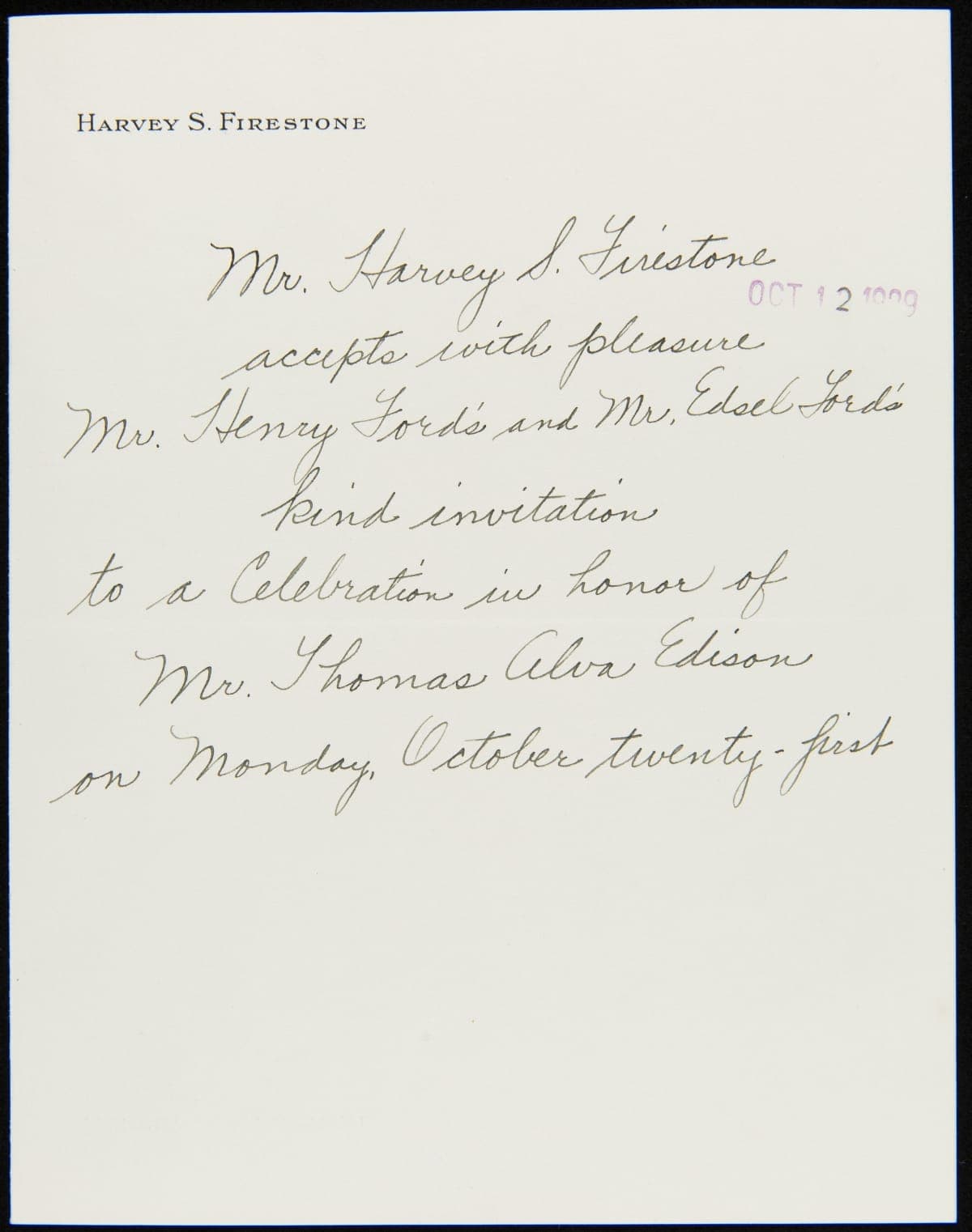 Letter from Harvey Firestone to Henry Ford and Edsel Ford, October 12, 1929