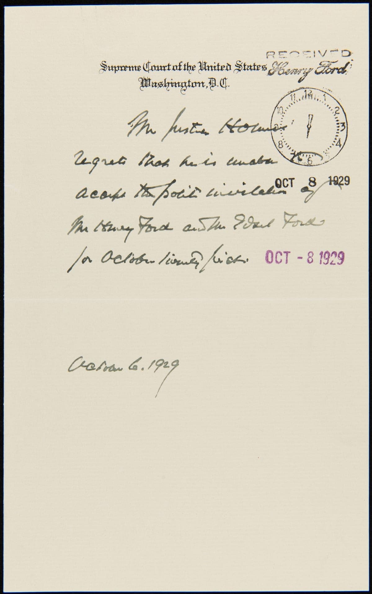 Letter from Justice Oliver Wendell Holmes to Henry Ford and Edsel Ford regarding Invitation to Light's Golden Jubilee, October 6, 1929