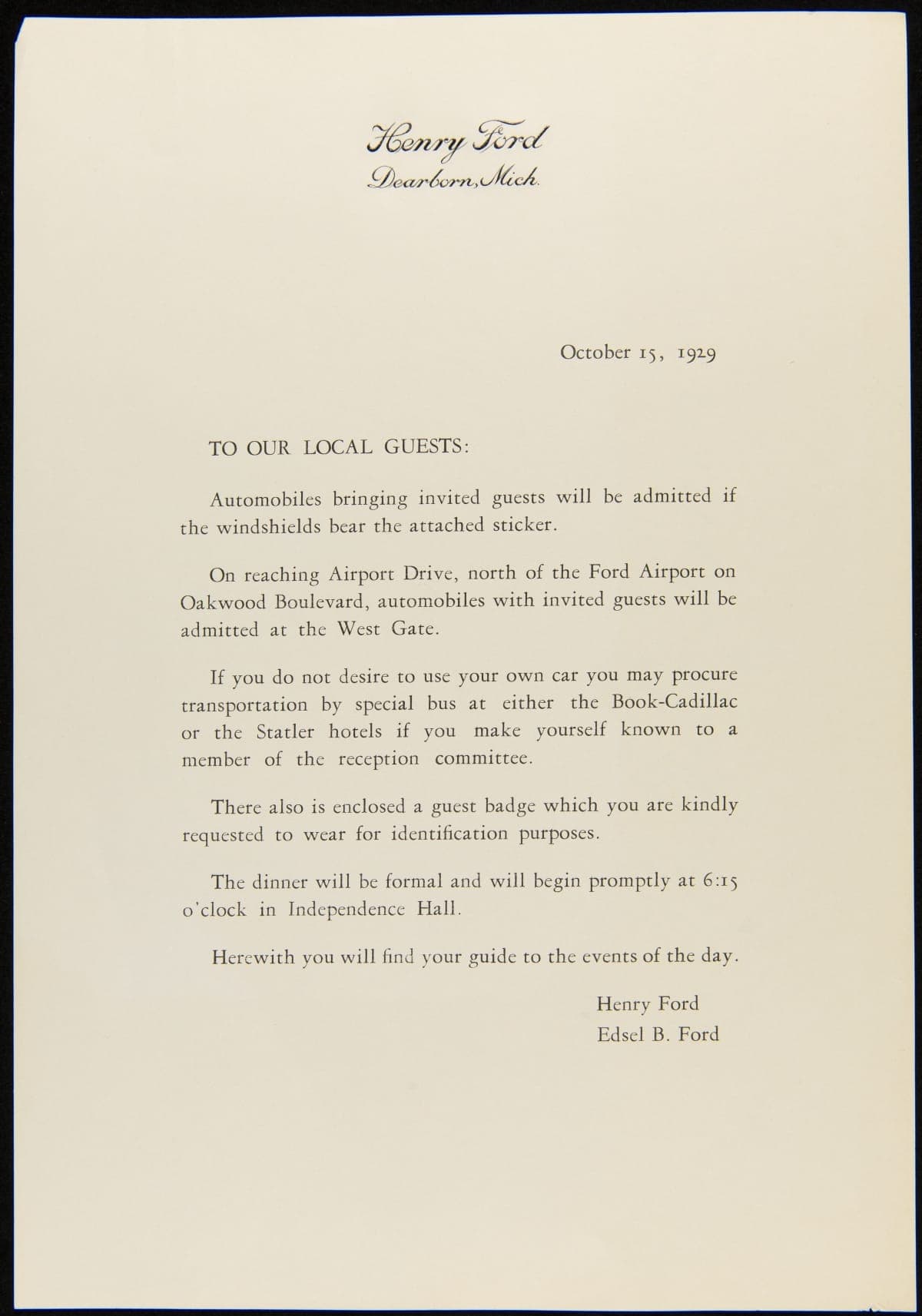 To Our Local Guests, October 15, 1929