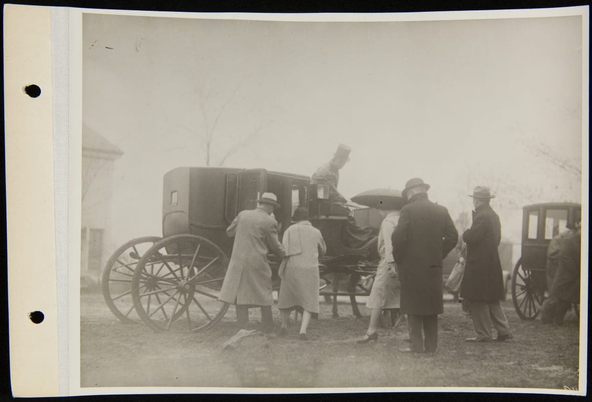Mr. and Mrs. Raymond and Mr. and Mrs. Bryant Board a Horse-drawn Carriage at the Waterford General Store, October 21, 1929