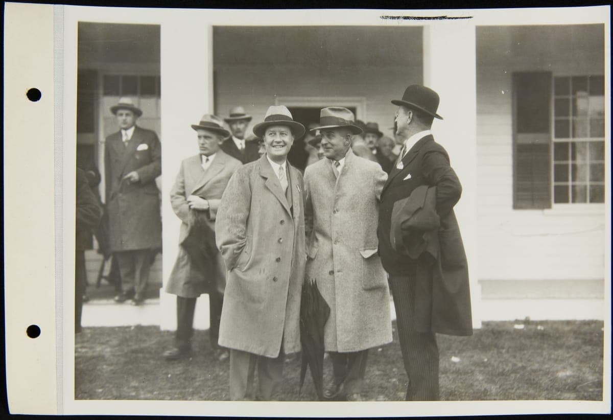Frank Campsall, G.C. Osborn, and Matthew S. Sloan outside Eagle Tavern, October 21, 1929