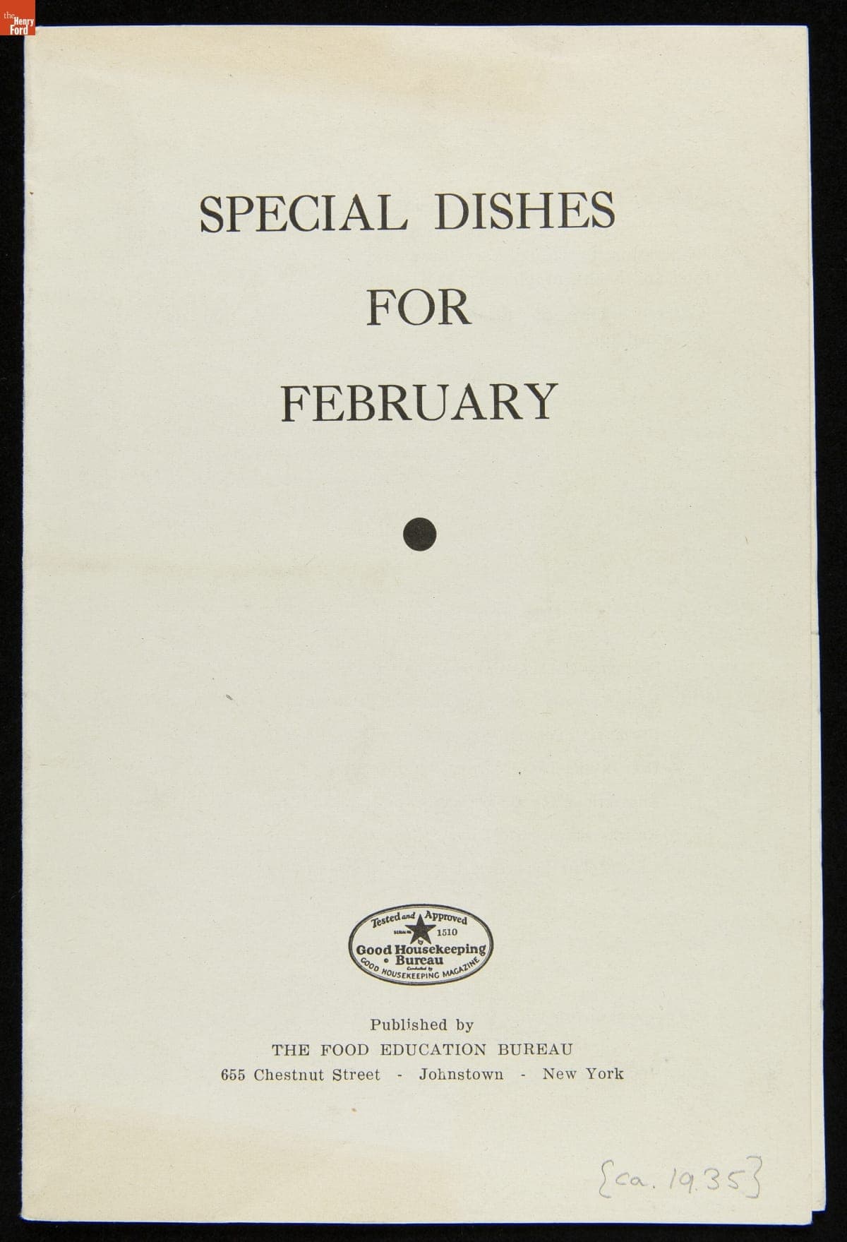 Recipe Booklet, "Knox Gelatine Co. Special Dishes for February," circa 1935