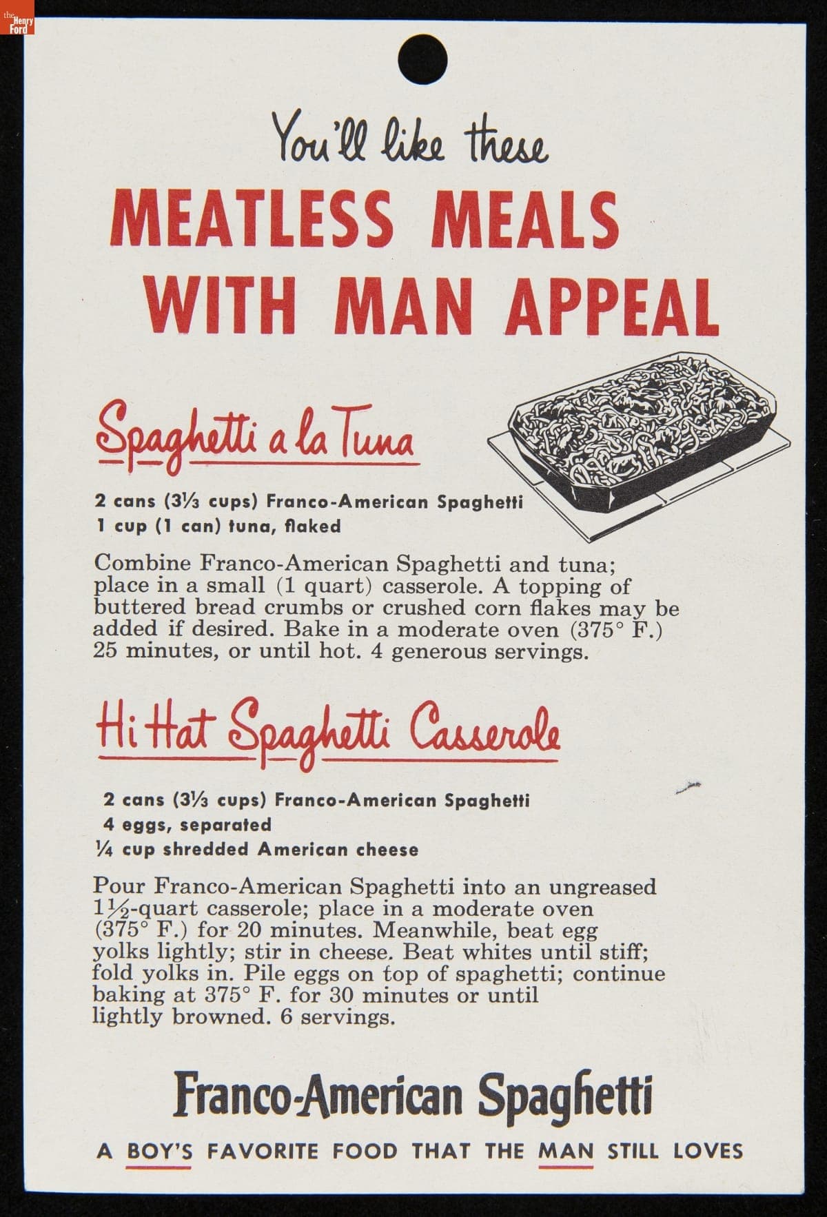 Recipe Flier, "You'll Like These Meatless Meals for Man Appeal," circa 1953