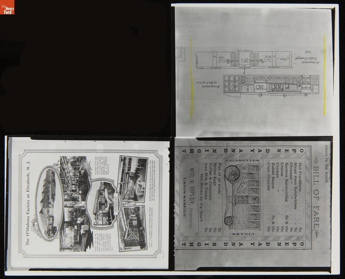 Menu for William V. Ripley's Turn-of-the-Century Lunch Wagon and Jerry O'Mahony Dining Car Advertisements and Design Drawings, circa 1926
