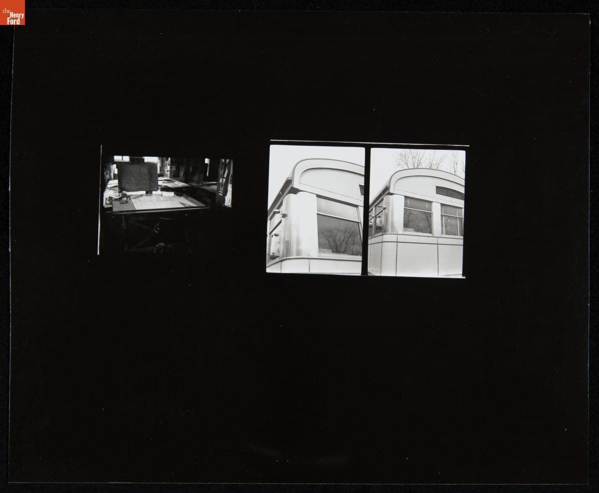 Drafting Table of Merritt McConnell and Exterior shots of a Sterling Streamliner, 1936-1942