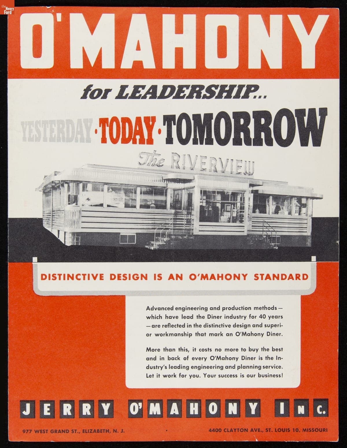 Jerry O'Mahony Diner Company Brochure, "O'Mahony for Leadership... Yesterday, Today, Tomorrow," 1952-1956
