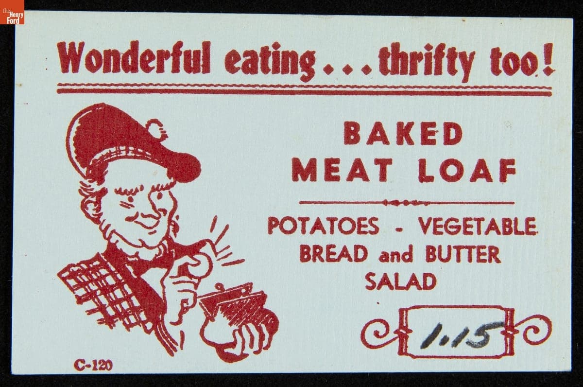 Menu-Insert Card, "Wonderful eating... thrifty too! Baked Meat Loaf," 1950-1970