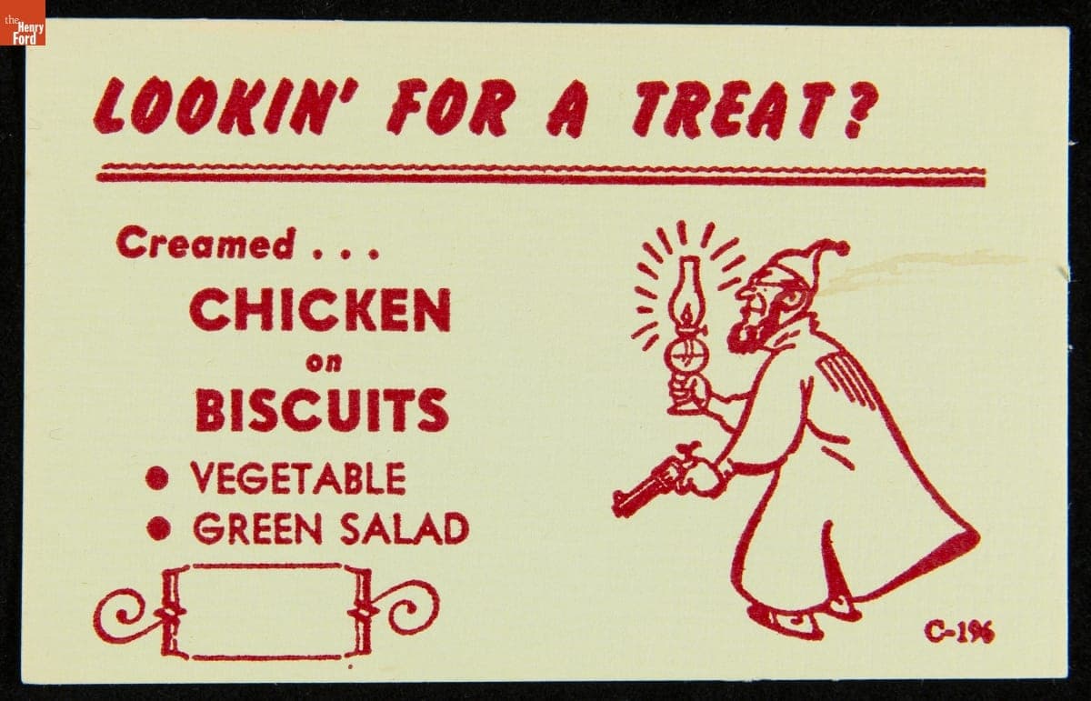 Menu-Insert Card, "Lookin' For a Treat? Creamed... Chicken on Biscuits," 1950-1970
