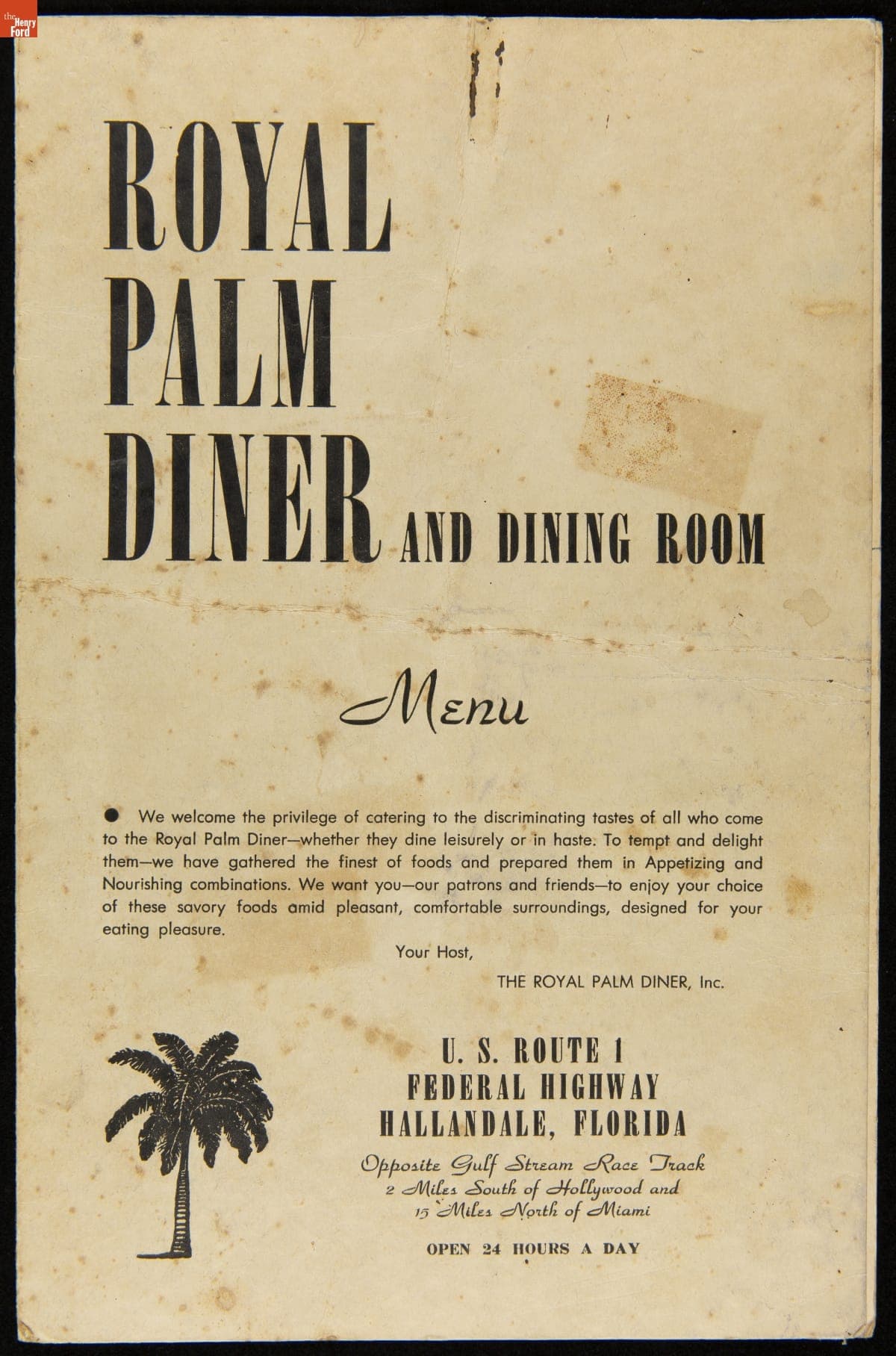 Royal Palm Diner and Dining Room Menu, Hallandale, Florida, circa 1945