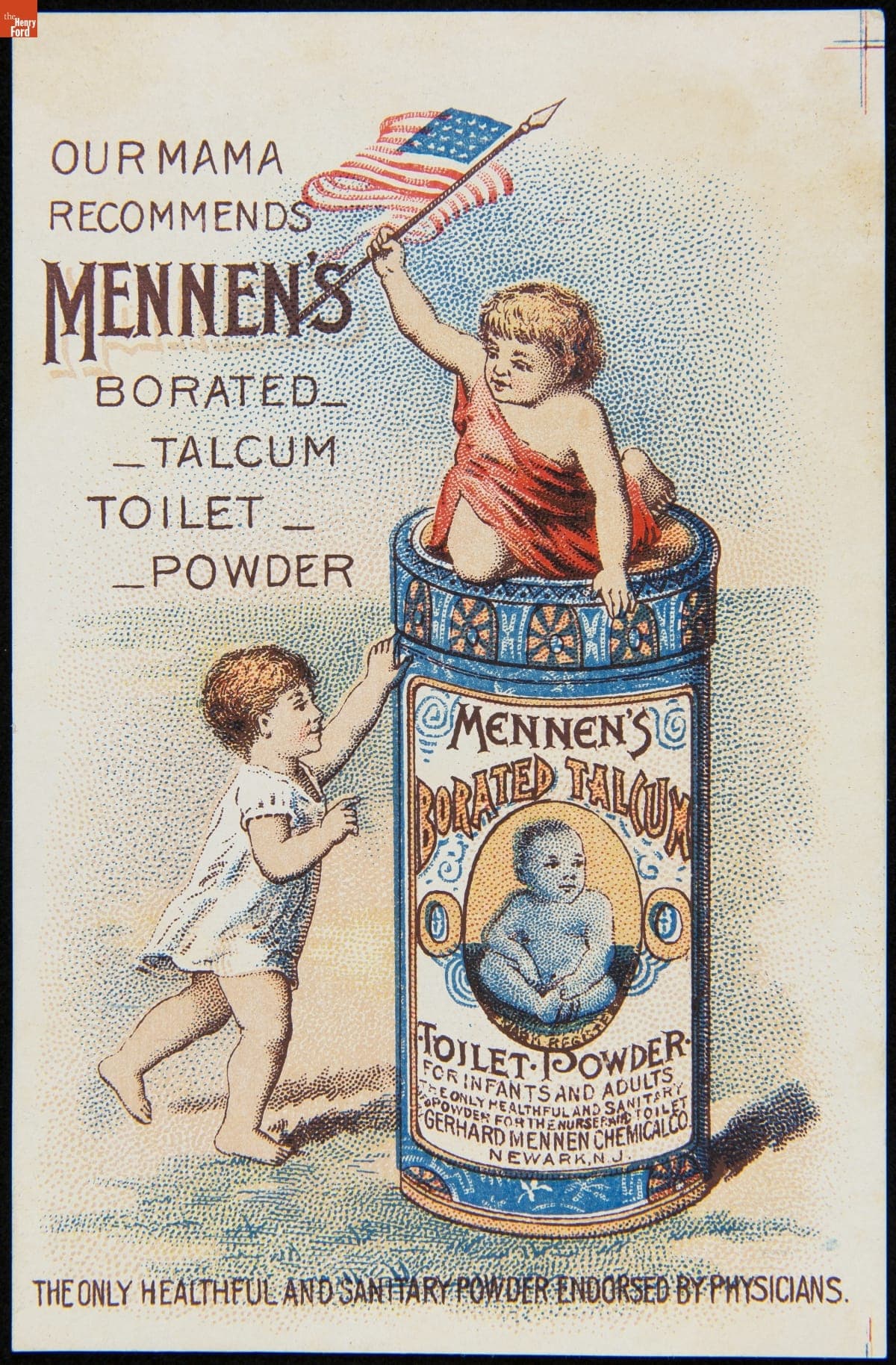 Trade Card for the G. Mennen Chemical Company, "Our Mama Recommends Mennen's Borated Talcum Toilet Powder," 1880-1900