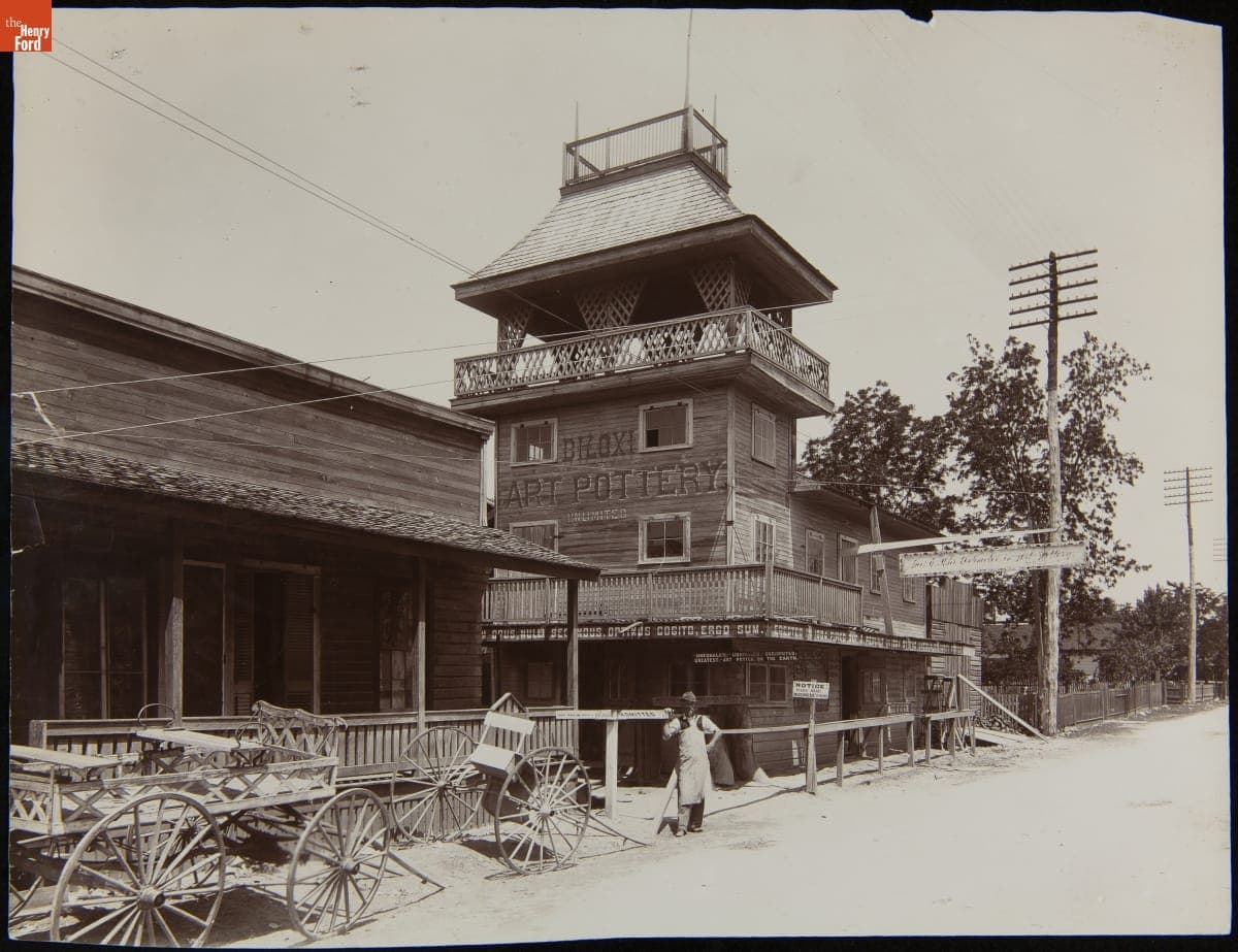 George E. Ohr Standing outside Biloxi Art Pottery Unlimited, Biloxi, Mississippi, 1901