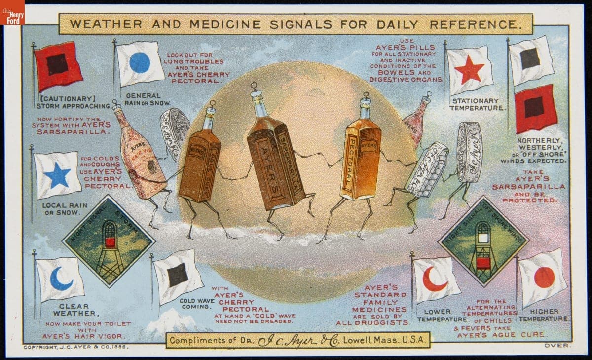 Trade Card for Ayer's Products, Weather and Medicine Signals for Daily Reference, 1886