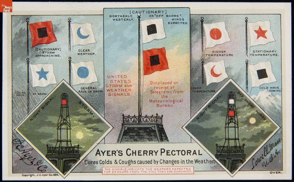 Trade Card for Ayer's Cherry Pectoral, "Cures Colds & Coughs Caused by Changes in the Weather," 1886