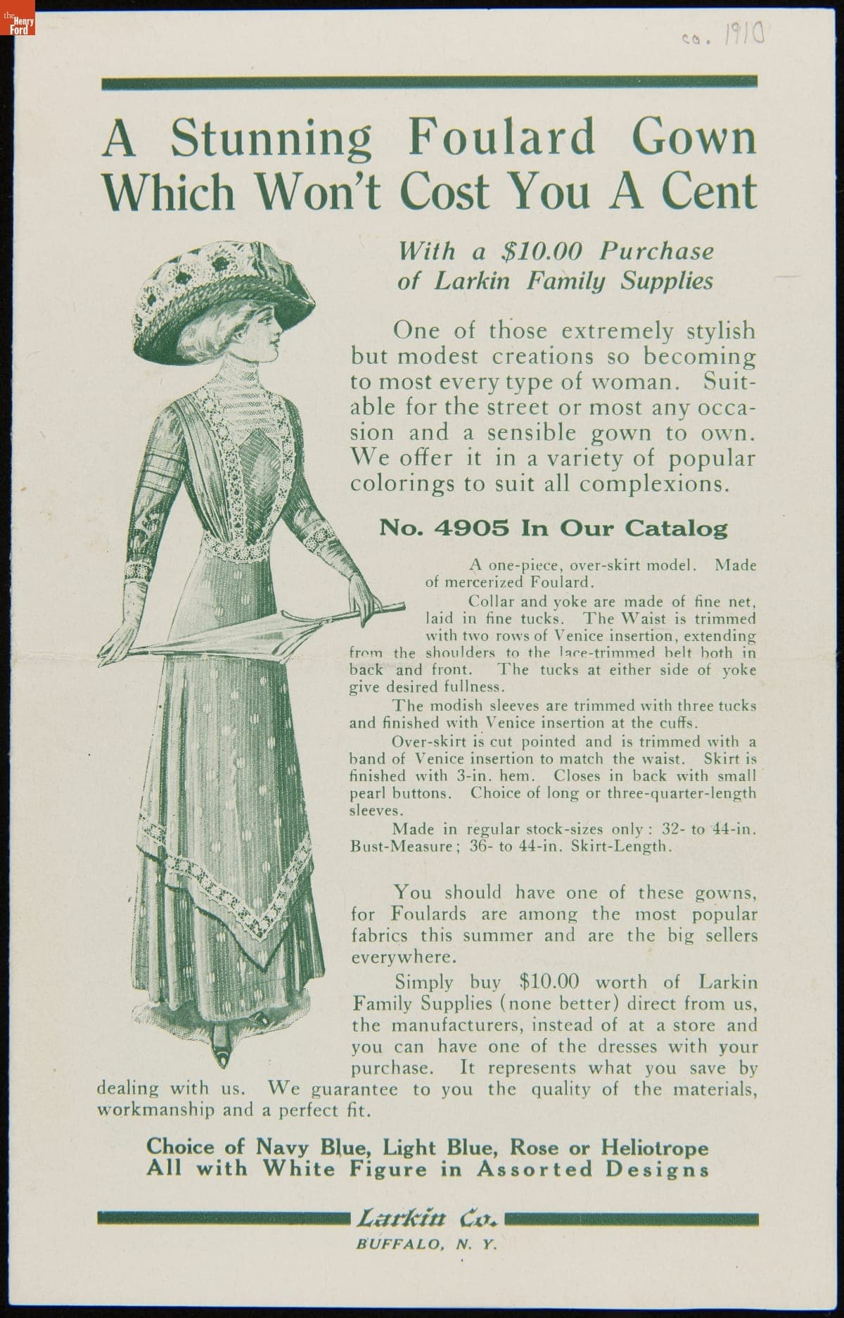 Larkin Company Trade Catalog, "A Stunning Foulard Gown Which Won't Cost You a Cent," circa 1910