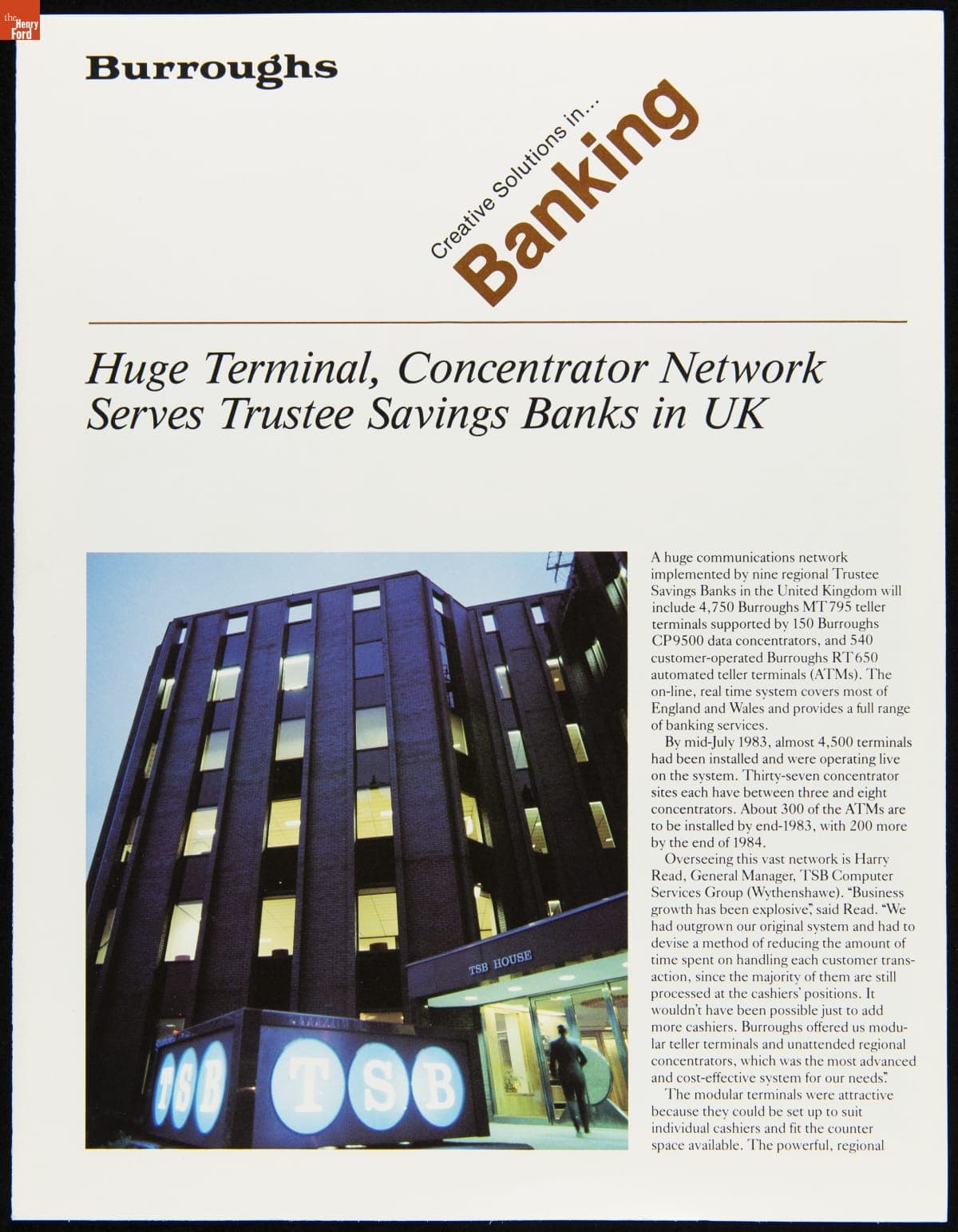 Burroughs Creative Solutions in Banking, "Huge Terminal, Concentrator Network Serves Trustee Savings Banks in UK," 1983