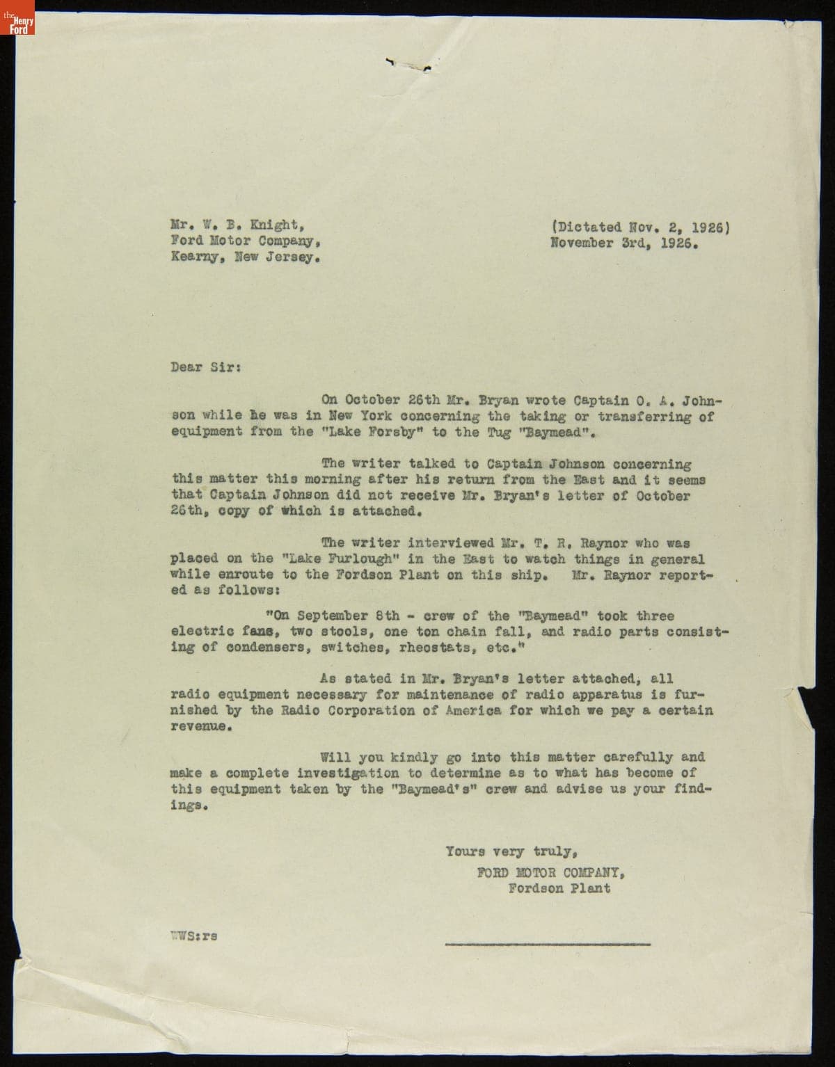 Letter regarding Transfer of Supplies from Ford Barge "Lake Forsby" to Ford Tugboat "Baymead," November 3, 1926