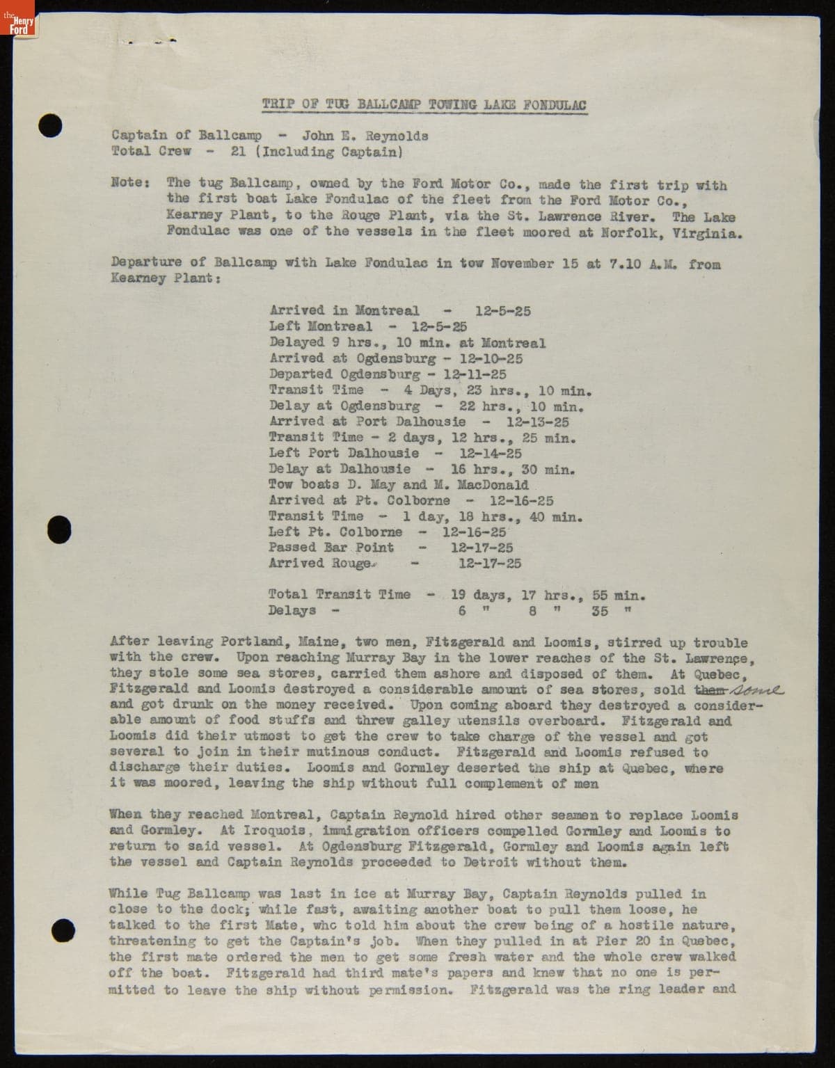 Trip Report for Ford Tugboat "Ballcamp" Towing Ford Barge "Lake Fondulac," December 1925