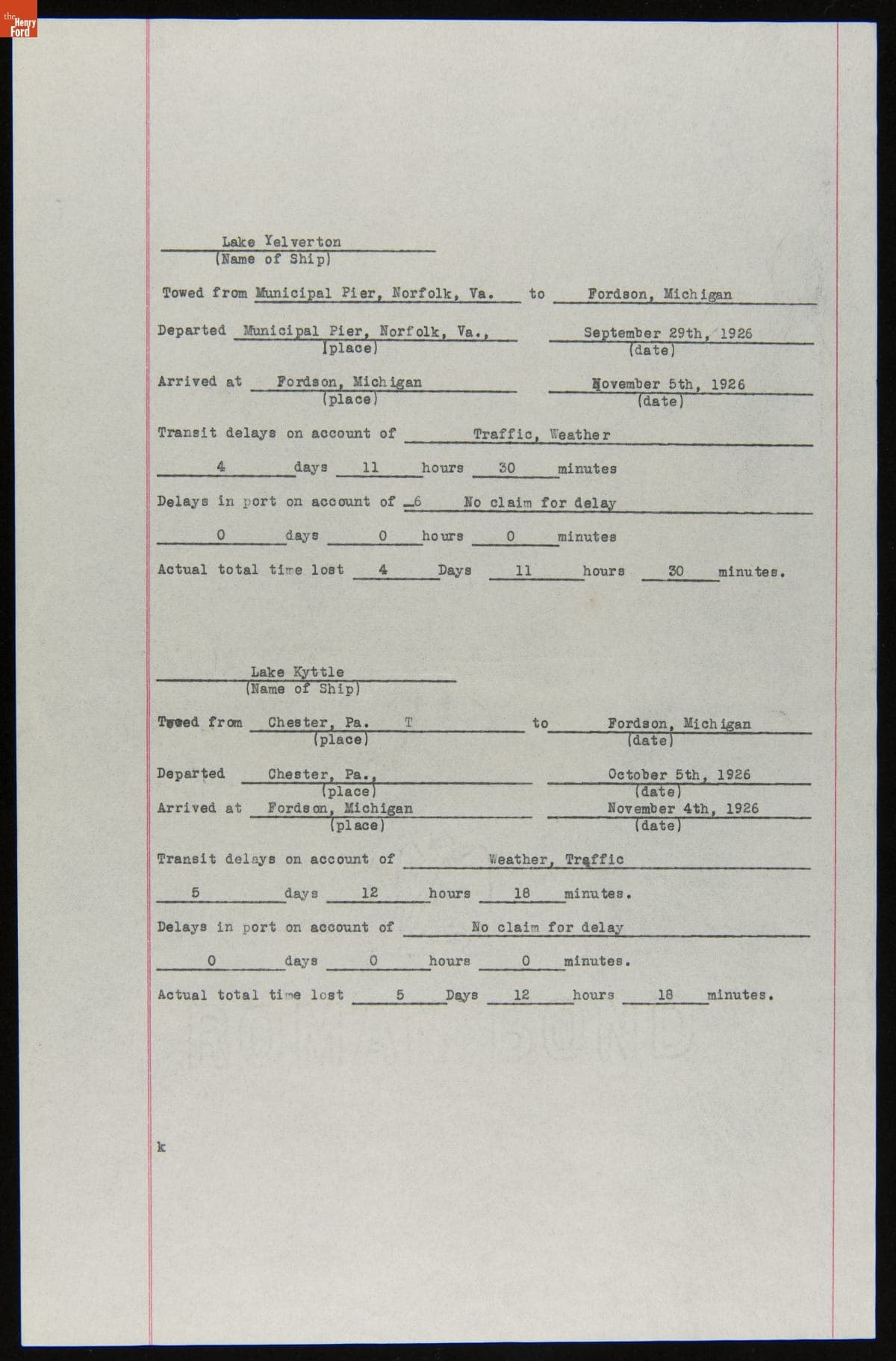Ship Delay Report for Ford Barge "Lake Kyttle," circa 1926