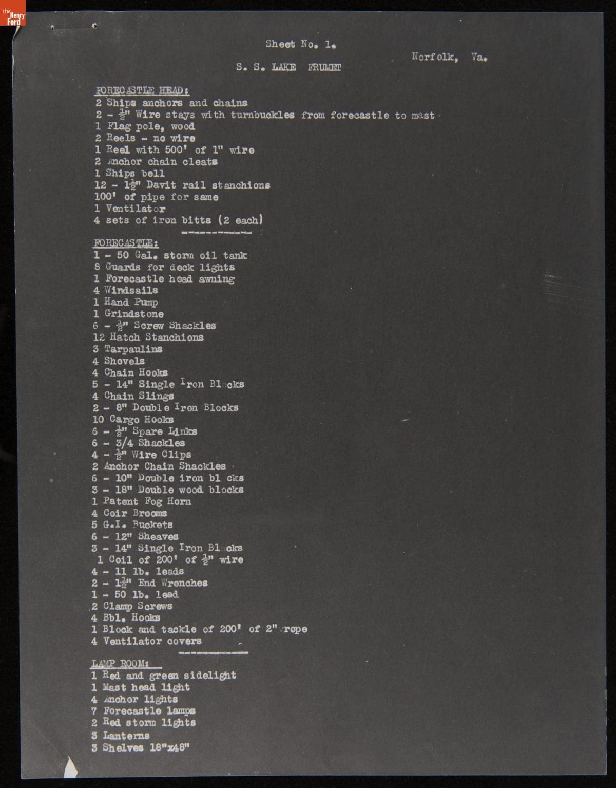 Inventory of Ford Barge "Lake Frumet," circa 1925-1926