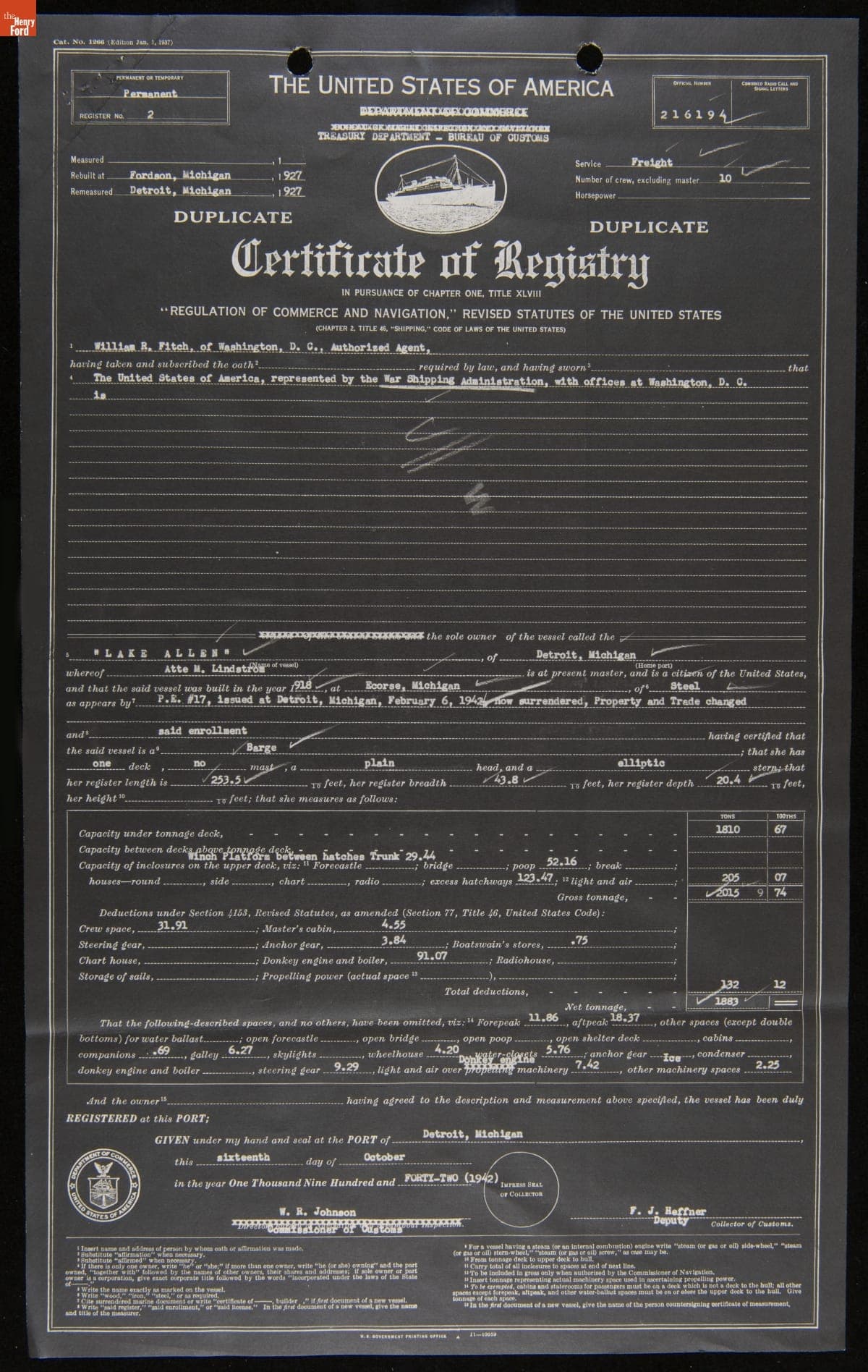 Certificate of Registry for Ford Barge "Lake Allen," Requisitioned for War Service, October 16, 1942
