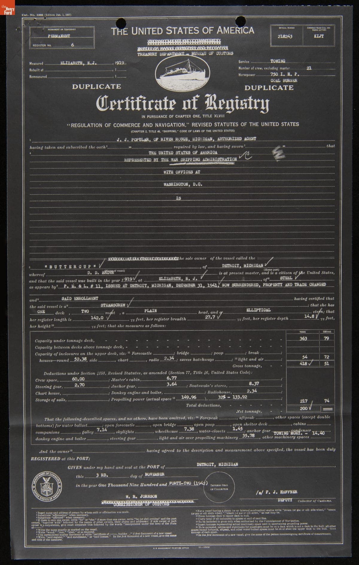 Certificate of Registry for Ford Tugboat "Buttercup," Requisitioned for War Service, November 3, 1942