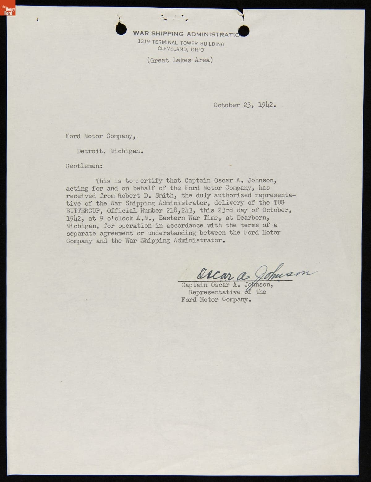 Letter Certifying Receipt of Ford Tugboat "Buttercup" for War Service, October 23, 1942