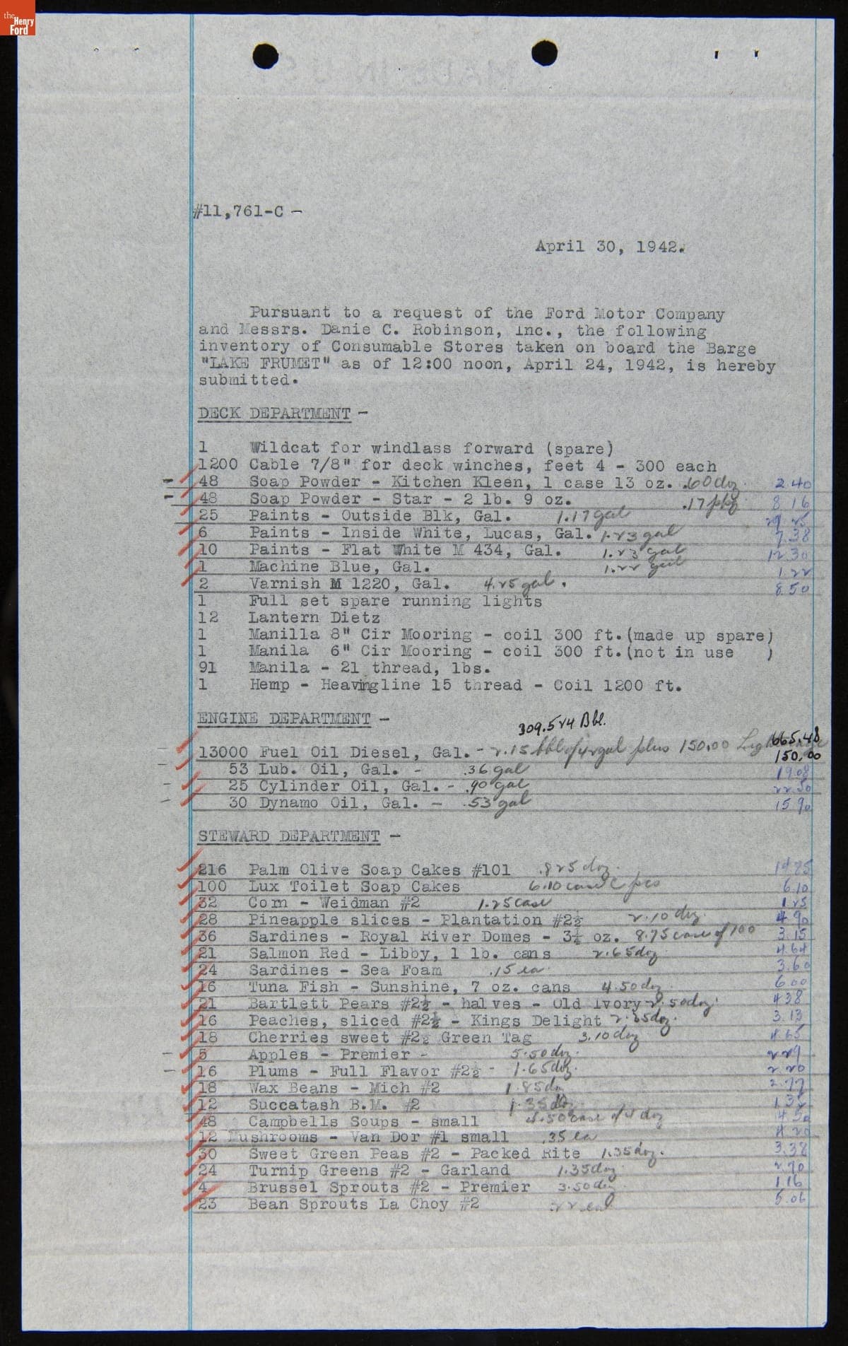 Inventory of Consumable Stores on Ford Barge "Lake Frumet," April 30, 1942