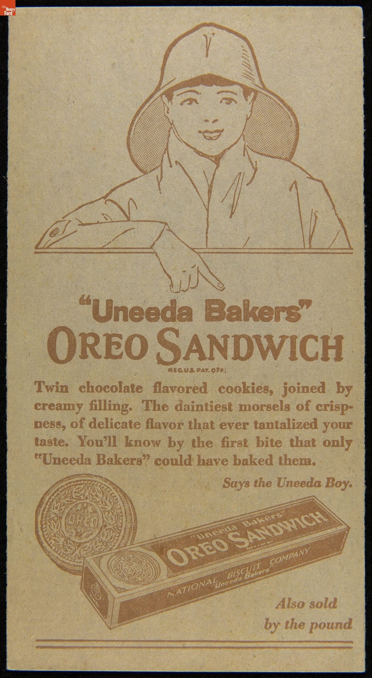 Trade Card for Uneeda Bakers Oreo Sandwich Crackers, National Biscuit Co., circa 1930